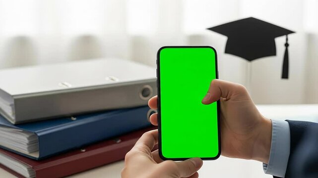 Close Up Of A Hand Holding A Green Screen Smartphone In Front Of A Stack Of Colorful Binders And Graduation Cap On A Desk With Soft Window Light