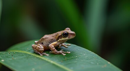Small Brown Frog Sitting on Green Leaf.