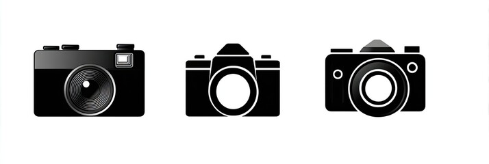 Three black camera illustrations of varying styles, arranged horizontally