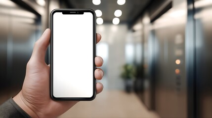 hand holding smartphone with blank screen in modern office lobby background