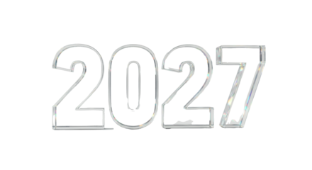 Bold 3D "2027" text from clear, multifaceted optical glass, scattering vibrant rainbow light and chromatic aberration on a transparent studio background, new year celebration concept