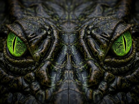 Symmetrical Close up of Glowing Green Crocodile Eyes. Generative Ai