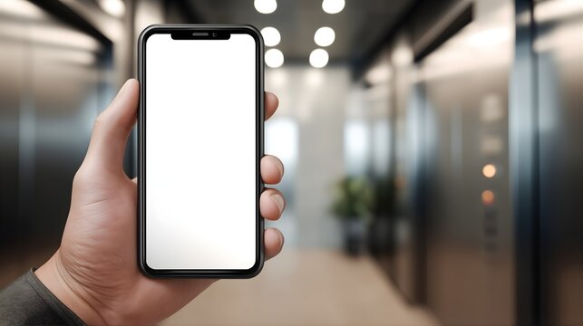 hand holding smartphone with blank screen in modern office lobby background - Powered by Adobe