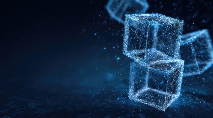 Abstract glowing cubes connected by lines in a blue, dark, digital space