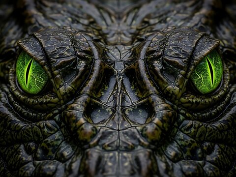 Symmetrical Close up of Glowing Green Crocodile Eyes. Generative Ai