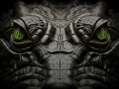 Symmetrical Close up of Glowing Green Crocodile Eyes. Generative Ai