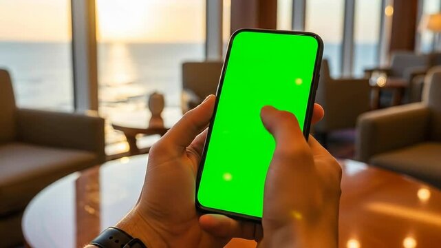 Close up of hands holding a modern smartphone with a vibrant green screen displaying a keyable area for digital content creation set against a warm sunset