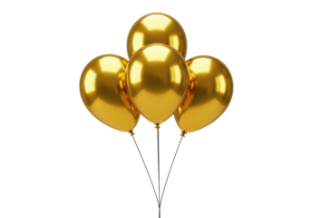 Three spherical, highly reflective, glossy metallic gold Mylar helium balloons with dark strings, floating against a transparent studio background with copy space. Celebration and elegant