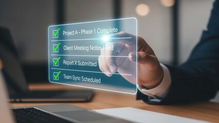 Closeup Businessman Hand holding virtual checklist with green tick marks, representing task completion, project management, productivity, and successful workflow execution