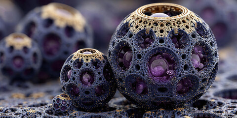 An abstract 3D composition of spherical objects with a porous structure reminiscent of fractal or biomorphic forms.  