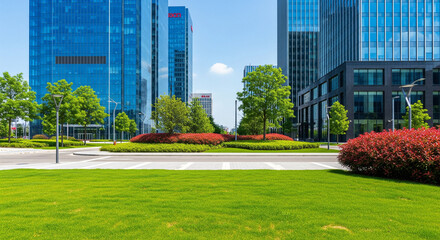 Modern glass skyscrapers and lush green park create a vibrant urban landscape