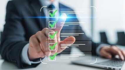 Closeup Businessman Hand holding virtual checklist with green tick marks, representing task completion, project management, productivity, and successful workflow execution