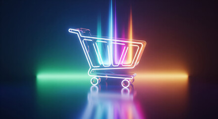 Glowing neon shopping cart icon with vibrant light beams on a dark reflective surface