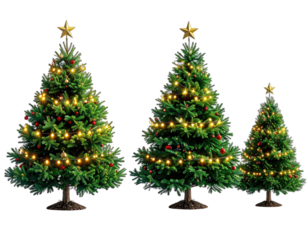 Three Christmas trees adorned with lights, ornaments, and star toppers against a black backdrop
