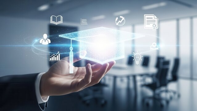 Corporate training concept with hand holding virtual graduation cap, representing employee development, e-learning, professional upskilling, and knowledge transfer