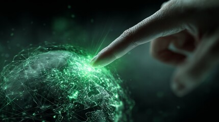 A Human Finger Touching a Glowing Green Digital Globe with Connected Data Points and Networks in a Futuristic Environment