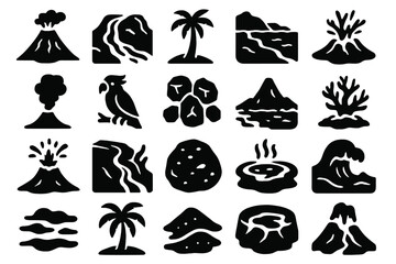 Volcanic Island Elements. Solid style icons of Volcanic Island: active volcano, lava river, palm tree, rocky shore, ocean wave,