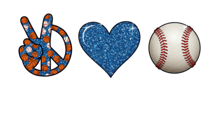 A stylized blue glitter peace sign, a blue glitter heart, and a baseball with red hearts, positioned on a transparent background. Cheerful baseball fandom concept