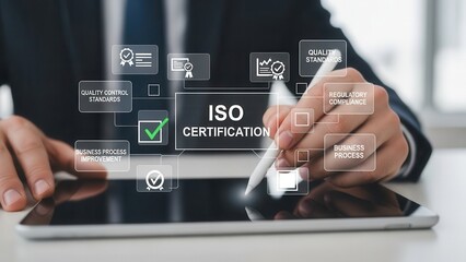 Closeup Businessman Hand using stylus on tablet to check ISO certification box, representing quality control standards, regulatory compliance, and business process improvement