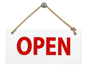 Hanging rectangular sign with white background, red "OPEN" text, and rope suspension