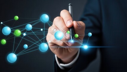Closeup Businessman Hand using stylus to draw connection lines between business nodes, representing networking, partnership strategy, and BB relationship management