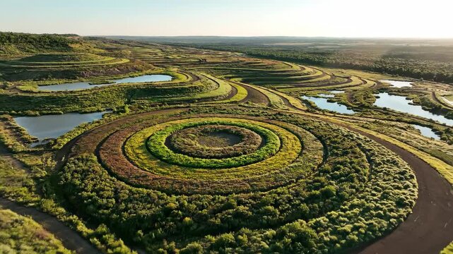 Aerial view of a spiral land art installation on a reclaimed mine site, Nature's colorful regeneration on a vast landscape