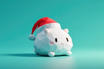Cute, polygonal, light-blue creature wearing a red Santa hat