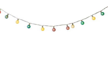 Horizontal string of delicate, multi-colored led fairy lights with soft glow and dreamy bokeh, against a transparent background with copy space, holiday celebration atmosphere