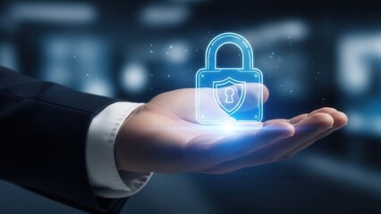 Closeup Businessman Hand holding digital padlock icon with shield, representing data privacy, secure internet access, GDPR compliance, and cybersecurity protection in business