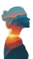 Woman silhouette double exposure with fiery mountain sunset