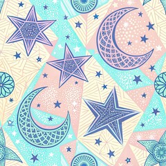 Celestial pattern featuring stylized stars crescent moons and geometric elements in pastel colors