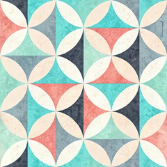 Seamless geometric pattern featuring overlapping light circles and textured quadrants in coral teal and charcoal