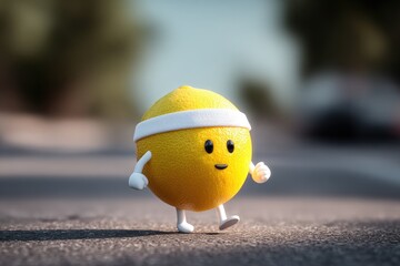 Smiling lemon with headband walks