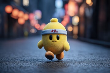Yellow, plush character walks a city street at night
