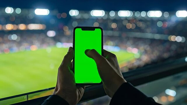 Close Up Of Hands Holding A Green Screen Smartphone Over A Soccer Stadium Crowd With Blurred Lights And Field During Night Game In Bright stadium illumination
