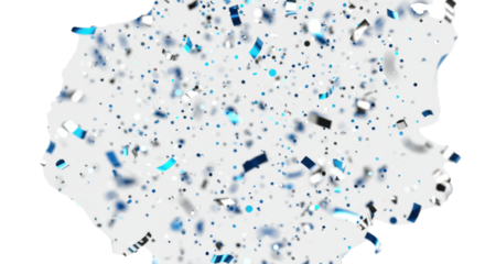 Thousands of sparkling silver and vibrant blue confetti and glitter pieces fall dynamically in an extreme close-up macro shot against a transparent background with festive bokeh, sharp focus,