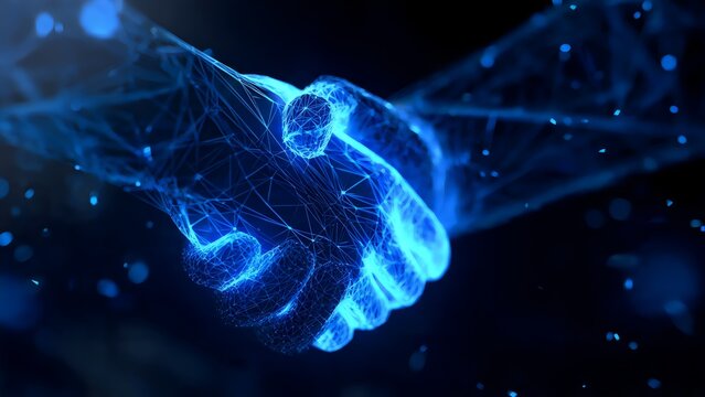 Digital Business Partnership Concept Featuring a Glowing Blue Low Poly Handshake. Futuristic Technology Agreement, Virtual Collaboration, and Network Synergy Wireframe on Dark Background for Corporate