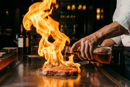 Dynamic close-up of a chef's hand pouring brandy from a bottle onto a marbled Wagyu beef steak, creating a massive flame flamb&eacute; on a hot teppanyaki grill in a luxury restaurant.
