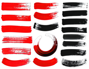 Assorted paint strokes in red and black, arranged in rows and a circular shape, on a black backdrop