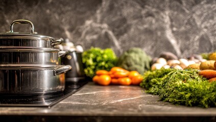 Kitchen countertop with stacked stainless steel cookware and fresh produce