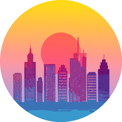 Abstract vector illustration of a city skyline at sunset with a large sun and circular gradient background. Generative AI