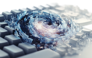 High-resolution digital artwork showing keyboard keys creatively organized in a surreal composition