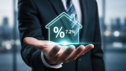 Closeup Businessman Hand holding virtual house icon with percentage sign, representing real estate investment, mortgage rates, property market trends, and housing finance