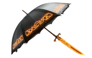 Modern surreal illustration depicting an umbrella with sword-like design and mystical glowing inscriptions
