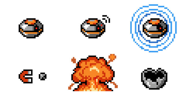 Pixel art magnetic mine sprites on transparent background