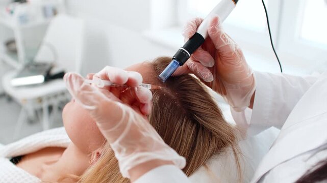 Alopecia. Caucasian girl receives targeted scalp therapy with dermapen and vitamin injection to boost hair growth. Close-up view of cosmetologist performing microneedling and mesotherapy session.