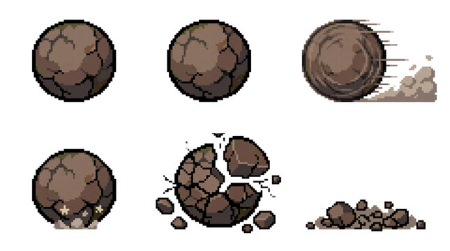Pixel art boulder trap sequence on transparent background