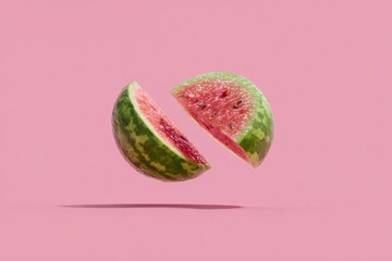 Two halves of a spherical watermelon slice, levitating against a vibrant pink background