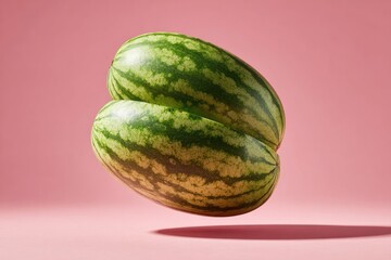 Two watermelons, nearly touching, appear to levitate against a vibrant pink background.  Their green rind with distinctive stripes is highlighted