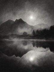 Misty mountain lake reflection under bright moon or sun